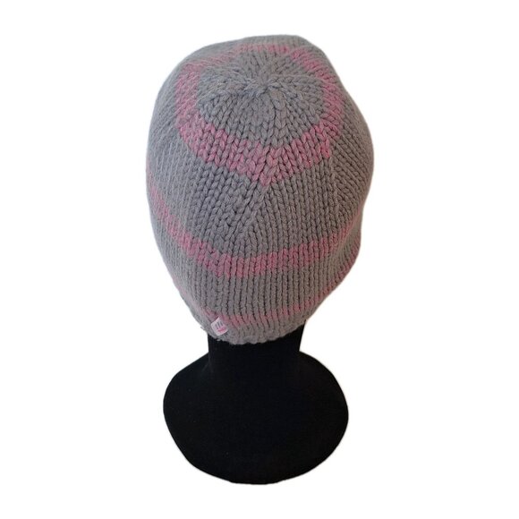 👠 5 for $25 PINK RIBBON FLEECE LINED GREY PINK STRIPED BEANIE - Picture 3 of 7